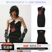 chenshop设计师品牌lostgeneral时尚红豹纹，拼接黑色抹胸裙