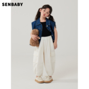 senbaby女童牛仔马甲2024春夏，韩版童装儿童，无袖牛仔上衣外套