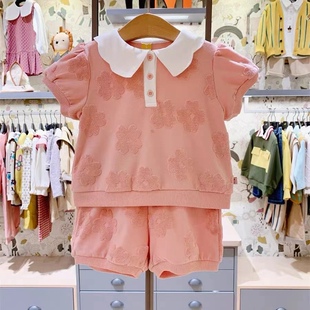 韩国小云朵童装女童粉色花卉套装，24夏短袖(夏短袖)娃娃领花瓣t恤短裤套装