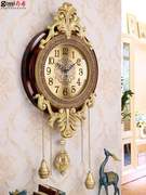时钟家用创意欧式纯铜挂钟客厅时尚钟表大号北欧实木静音大气挂表