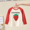 品牌童装2024春季韩版儿童贴布草莓图案女童纯棉长袖运动t恤