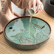 日式茶盘大号干泡盘茶台家用全陶瓷简约储水盘圆形办公室茶托茶海