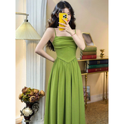 橄榄绿吊带连衣裙女夏复古法式气质裙子森系法式披肩，吊带裙两件套