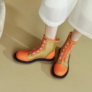 平底低跟短靴镂空网靴薄款单靴春夏靴米白色橙色绿色靴子真皮 LSK