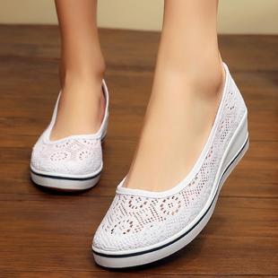 夏季老北京布鞋女鞋网面护士鞋，白色坡跟上班工作鞋，网鞋透气美容鞋