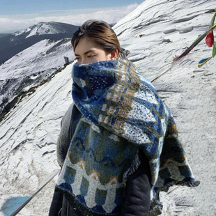 高级感蓝色围巾女冬季雪山，旅游百搭加厚两用披肩民族风超大毛毯式