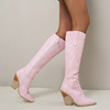 性感粉色高跟女靴子粉色长靴，鳄鱼纹粗跟高筒靴，大码4445464748