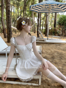 acaine莫利纳少女中长款白色收腰方领a字连衣裙女夏季气质裙子