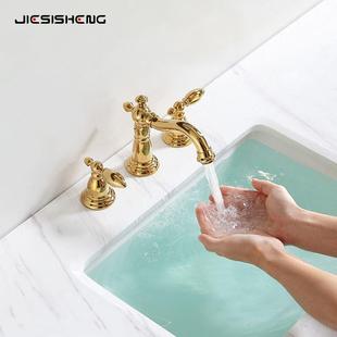欧式金色黄铜三孔面盆龙头8寸分体式冷热4孔美式浴室水龙头台下盆