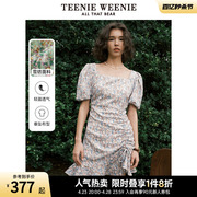 teenieweenie小熊方领雪纺，印花连衣裙碎花泡泡袖，欧式公主气质女士