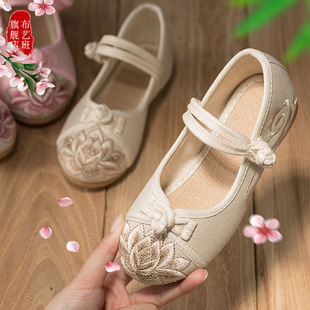汉服鞋子女童小坡跟古装古风手工宝宝中国风老北京布鞋儿童绣花鞋