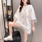 短袖t恤女中长款夏季2024年韩版时尚网纱拼接假两件百搭上衣