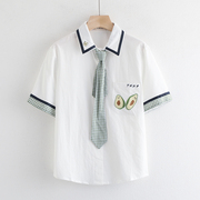 惠衣阁夏季女棉质短袖衬衫领带，衬衣韩版甜美学院风衬衣学生上衣