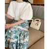 韩国chic春季设计感褶皱灯笼袖衬衫+高腰蕾丝拼接碎花半身裙套装