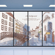 欧式手绘街景街道咖啡馆商业街西餐厅橱窗玻璃贴磨砂静电贴膜墙贴