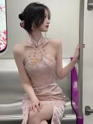 粉色改良旗袍连衣裙女装新中式国风，少女高级感显瘦气质挂脖包臀裙