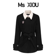 Ms XIDU 西装式呢大衣女毛呢外套秋冬收腰假两件套西服学院风套装
