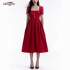 24春夏红色方领连衣裙精致优雅蕾丝，泡泡袖拼接百褶公主礼服裙