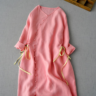 捡漏品质女装亚麻连衣裙文艺复古V领九分袖收腰显瘦粉色长裙