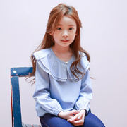韩国童装女童春秋季荷叶边领公主，t恤上衣儿童，条纹清新长袖娃娃衫