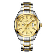 男防水表实心钢带士手表双日历自动机械商务圆形精钢白色国产腕表
