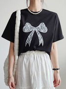 韩国chic夏季减龄复古小众设计感气质圆领蝴蝶结短袖蕾丝T恤女