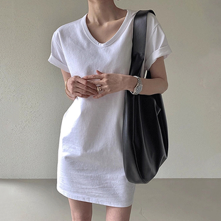 韩国chic夏季简约气质圆领宽松休闲纯色短袖T恤连衣裙短裙女