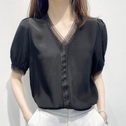 黑色v领雪纺衬衫女2023夏心机(夏心机)蕾丝，泡泡袖减龄设计感小众上衣