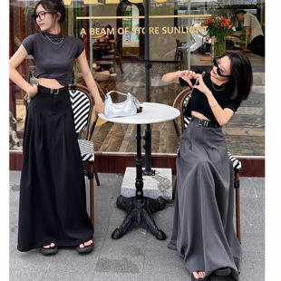laoyu西装半身裙女春夏季高腰，显瘦大摆裙，百褶裙黑色伞裙长裙