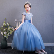 蓝色公主裙高端女童礼服花童婚礼小女孩儿童钢琴演奏演出服主