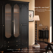 法式复古衣柜实木现代简约四门收纳储物柜，美式黑色大衣柜卧室家用