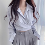韩国chic春秋减龄复古设计感小众气质绑带，收腰显瘦单排扣短款衬衫