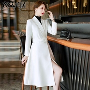 白色高级感风衣外套，女2023上班服小个子，中长版西装大衣秋冬季