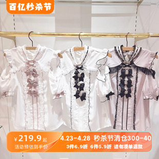 日系地雷系量产型软妹多个蝴蝶结蕾丝露肩雪纺衬衫