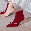 红色靴子女冬季婚鞋秀禾中式新娘，加绒蝴蝶结高跟鞋，短靴细跟结婚鞋