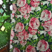 北欧卧室书房美式田园乡村，玫瑰花卉花朵，手绘图案棉麻亚麻窗帘布料
