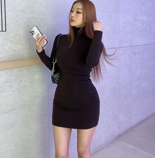 h韩国hypnotic黑色高领，打底连衣裙秋冬女装紧身包臀短裙长袖