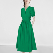 绿色连衣裙2023夏季女士长裙气质，v领短袖，裙收腰显瘦大摆纯棉裙子