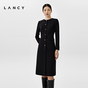 lancy朗姿2023秋冬黑色，收腰法式连衣裙，长袖中长款通勤裙子女