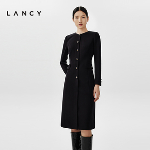 LANCY/朗姿春秋黑色收腰法式连衣裙长袖中长款高腰显瘦通勤裙子女