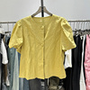 韩系甜美黄色棉麻短袖衬衫女夏高级感单排扣洋气减龄娃娃小衫上衣