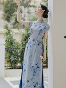 新中式旗袍元素长衫上衣+蓝色半裙一套优雅修身仙气显白民国风夏