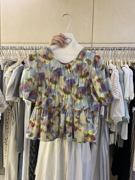 韩版夏季潮流时尚十三行森系复古涂鸦碎花泡泡短袖个性上衣女