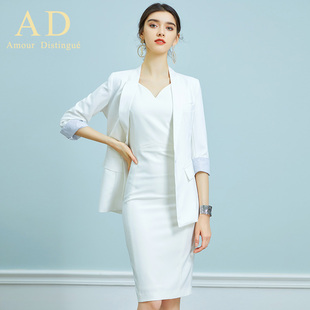 AD时尚修身名媛无袖白色连衣裙西装套装OL通勤气质职业装套装秋季