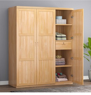 现代简约实木衣柜是三门带抽屉新西兰松木衣橱原木大板卧室家具