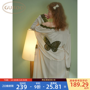 gukoo果壳吊带睡裙春秋款冰丝，睡袍性感蕾丝，睡衣女家居服两件套a