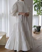 宫廷风泡泡袖拼接白色大摆长裙，2021设计感法式优雅复古长款连衣裙