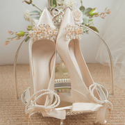 法式花朵婚鞋新娘鞋婚纱婚礼服绸缎面高跟鞋女细跟伴娘鞋2023
