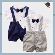 夏季儿童衣服男宝宝三角爬服背带裤两件套装婴儿帅气短袖周岁服装