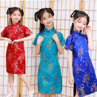 女童短袖旗袍裙子中国风儿童，汉服2024古筝，连衣裙红色龙凤演出